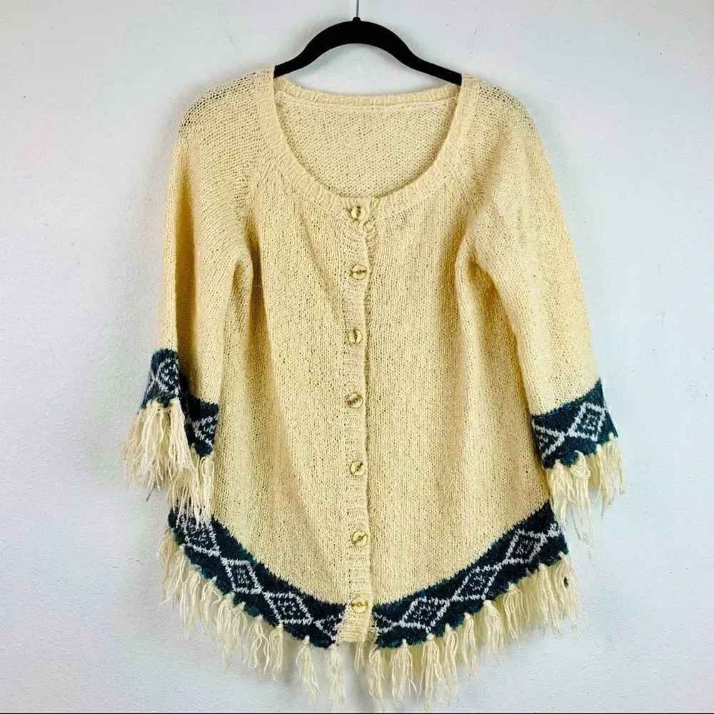Vintage Fringe Knit Button Front Poncho Sweater